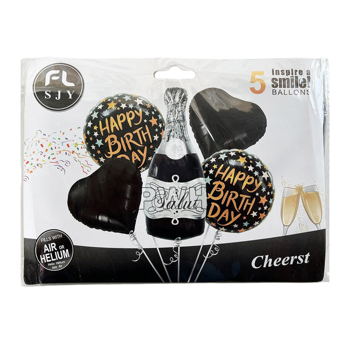 Happy Birthday Champagne 5 in 1 Black Foil Balloon Set