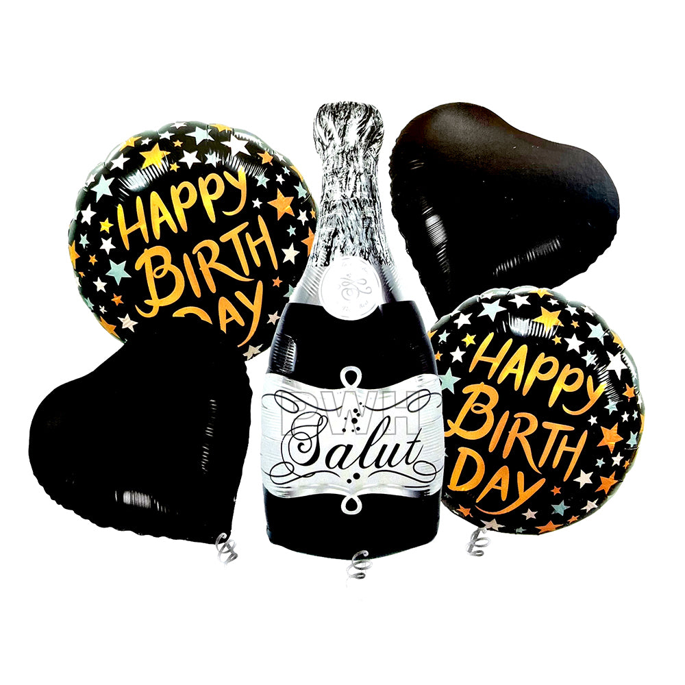 Happy Birthday Champagne 5 in 1 Black Foil Balloon Set