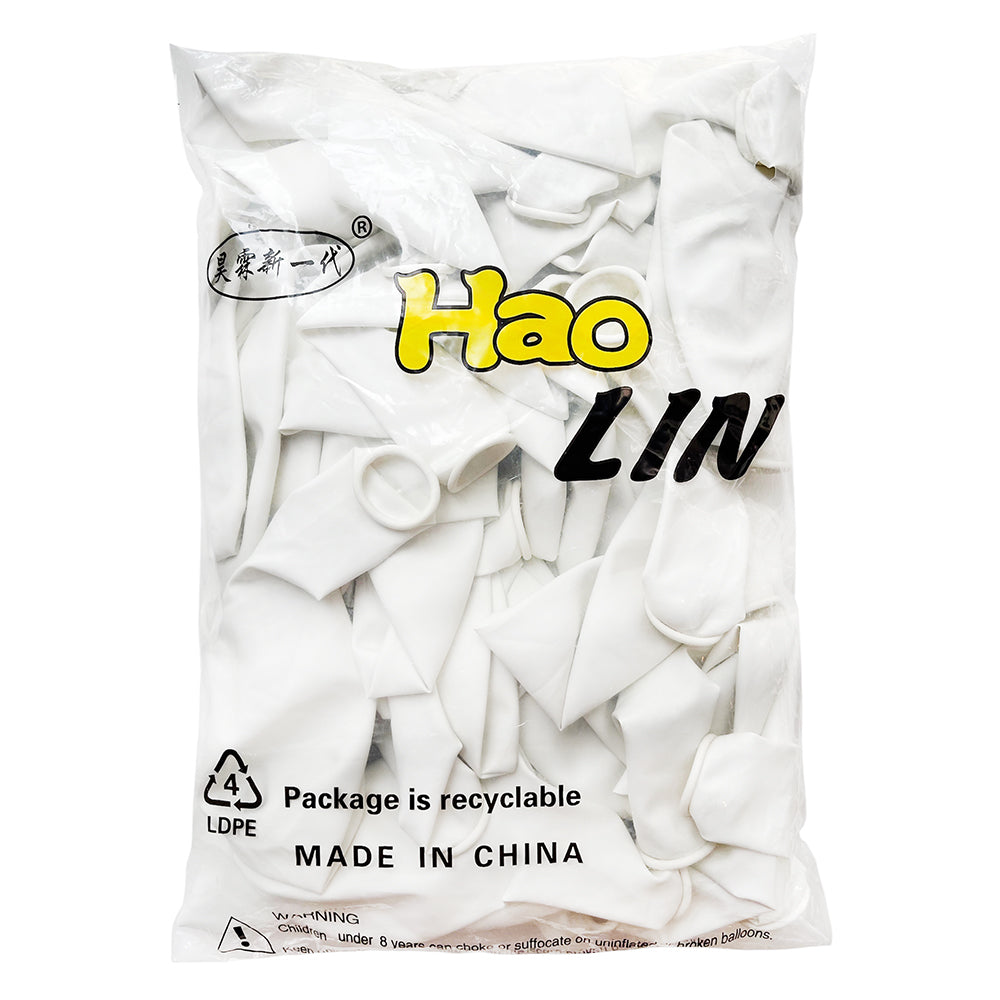 Premium 18-inch white standard latex balloons, pack of 50, for elegant party decorations, balloon arches, bouquets, backdrops, ceiling displays and professional event styling.