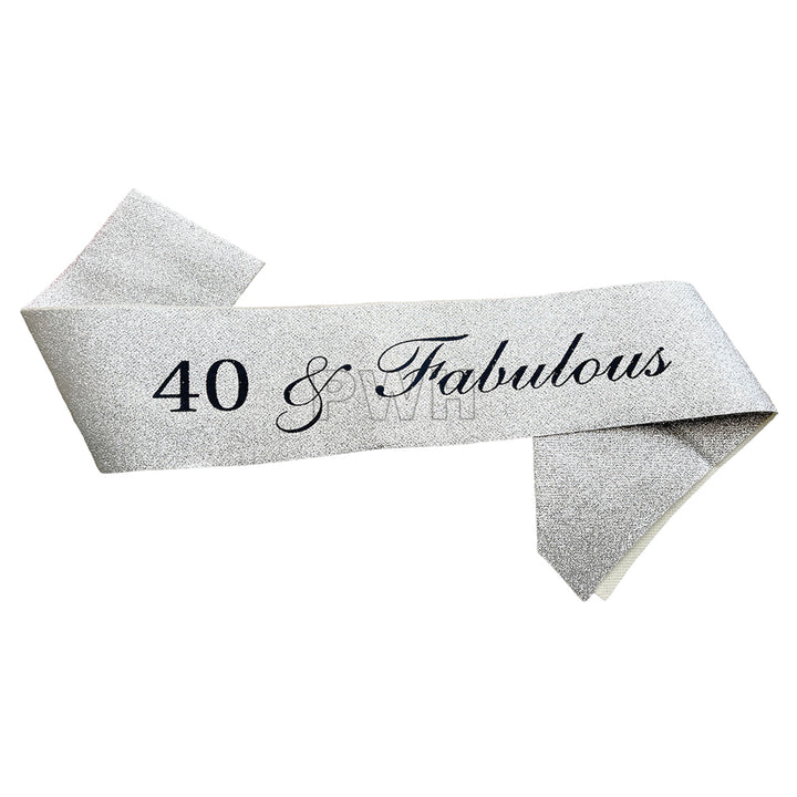 40 & Fabulous glitter satin sash in assorted colors for 40th birthday celebrations, milestone birthday parties, and event decorations from Party Wholesale Hub India.