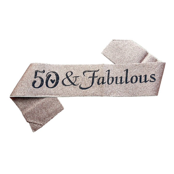 50 & Fabulous glitter satin sash in assorted colors for 50th birthday celebrations, milestone birthday parties, and event decorations from Party Wholesale Hub India.