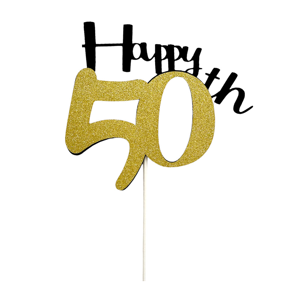 50TH BIRTHDAY GLITTER GOLDEN CAKE TOPPER-Party wholesale hub