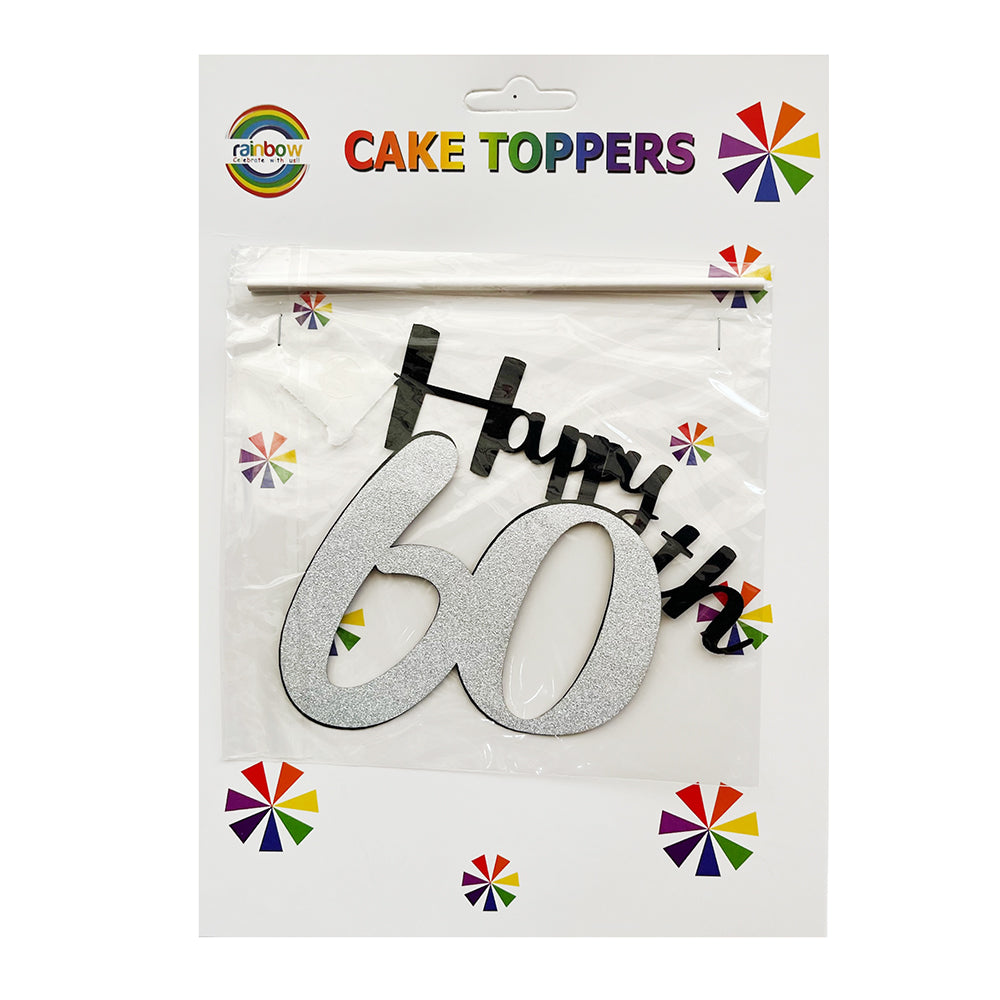 60TH BIRTHDAY GLITTER SILVER CAKE TOPPER-Party wholesale hub