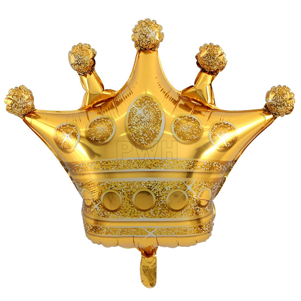 18 inch golden crown foil balloon with metallic glossy finish for birthday, princess, prince, wedding, and royal theme party decoration from Party Wholesale Hub.