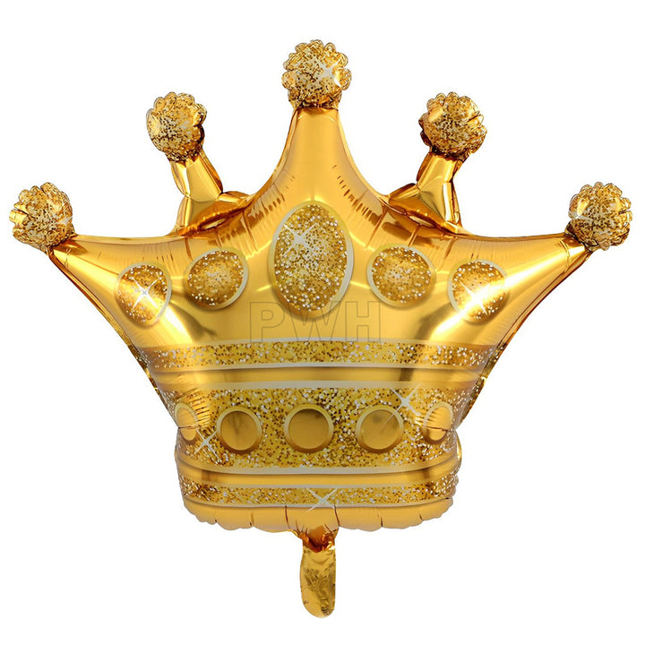18 inch golden crown foil balloon with metallic glossy finish for birthday, princess, prince, wedding, and royal theme party decoration from Party Wholesale Hub.