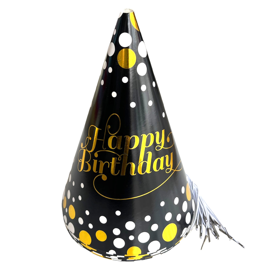 Black Glossy Polka Birthday Party Caps - Party Wholesale Hub