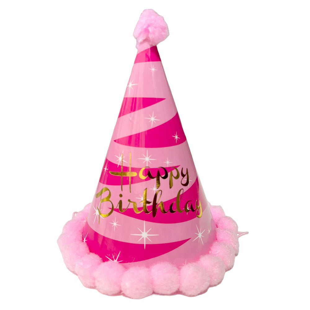 Happy Birthday Pink Stripes Cone Caps-party wholesale hub