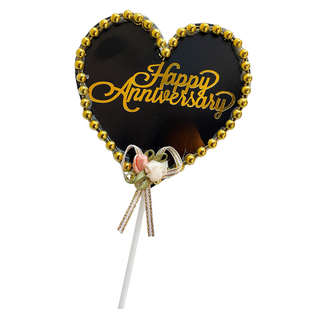 happy anniversary golden black heart cake topper