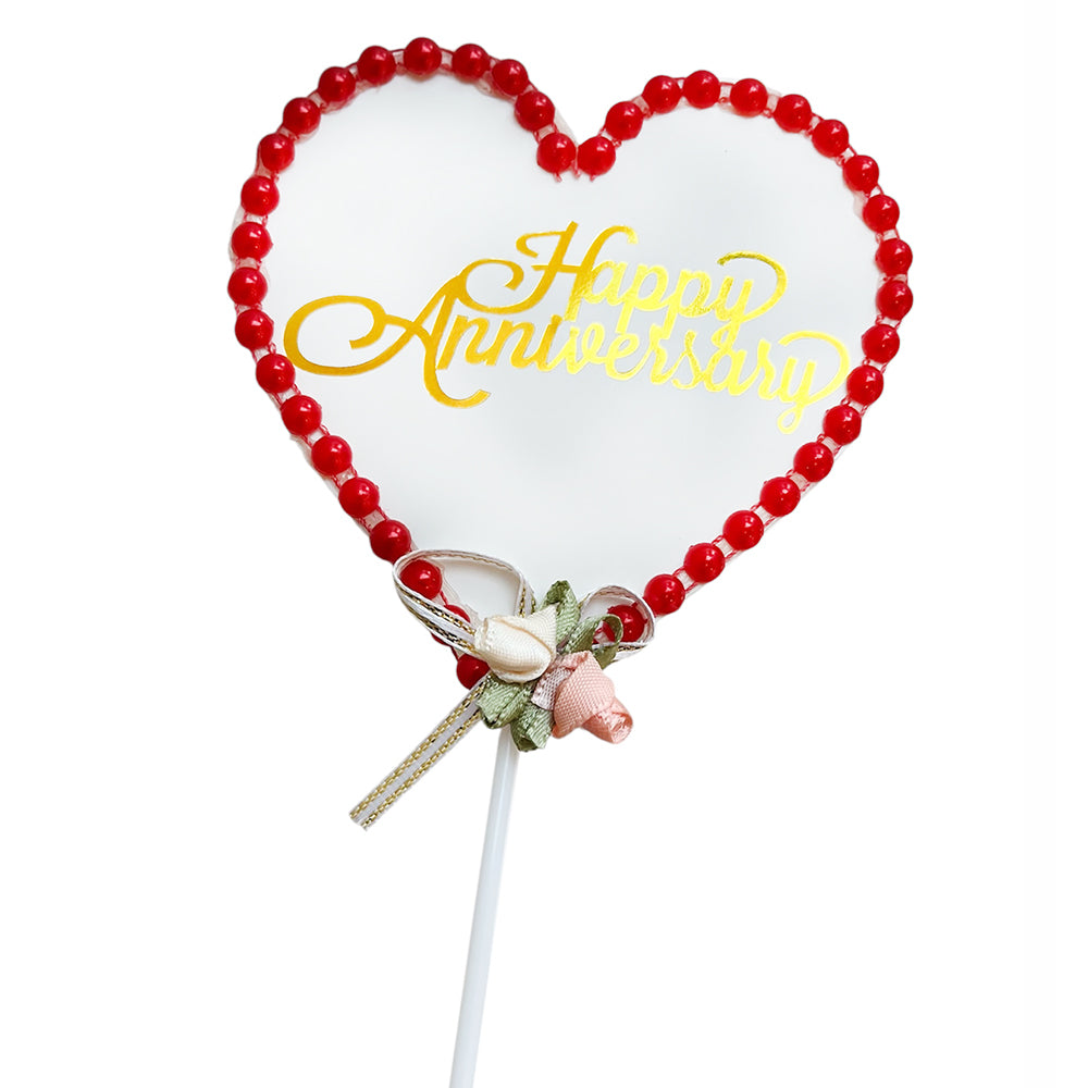 happy anniversary golden white heart cake topper