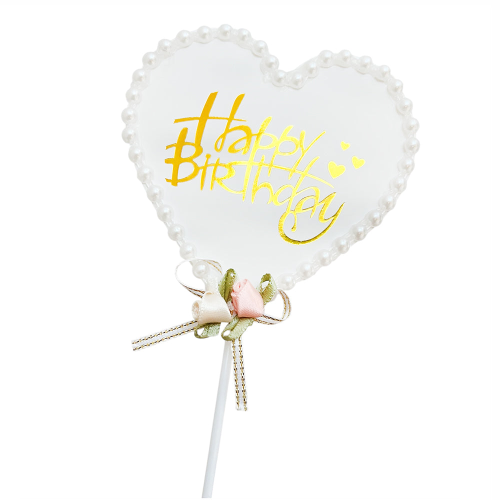 happy birthday golden print white heart cake topper wholesale