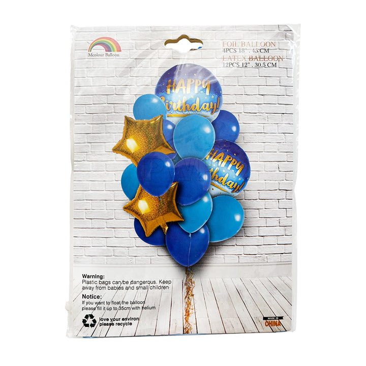 Happy Birthday 16 Pcs Blue Balloons Set