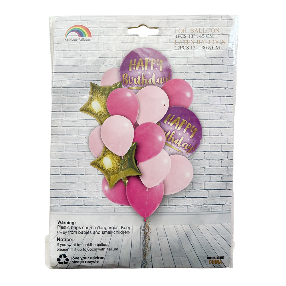 Mcolor Happy Birthday 16 Pcs Balloons Set Pink-Party wholesale hub