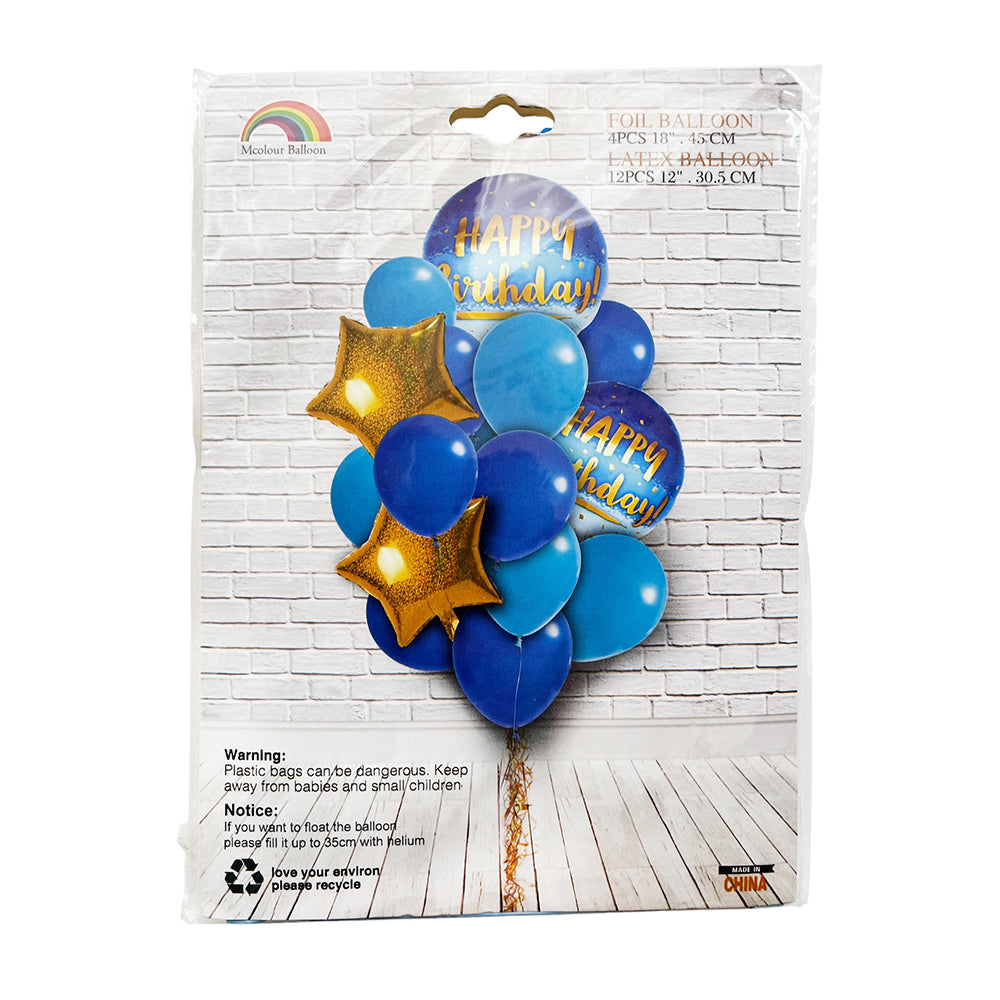 Mcolor Happy Birthday 16 Pcs Balloons Set Blue-Party wholesale hub