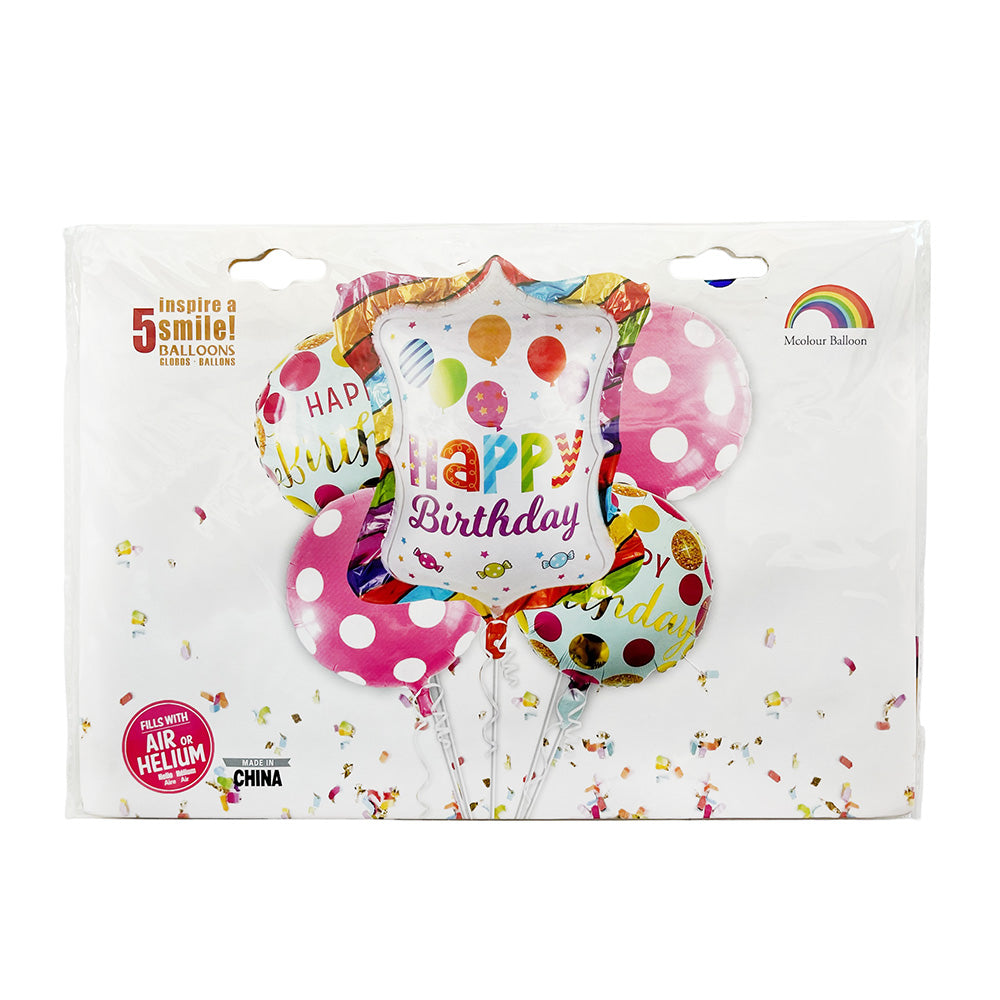 Mcolor Happy Birthday 5 in 1 Set Multi color Balloons Square- Party wholesale hub