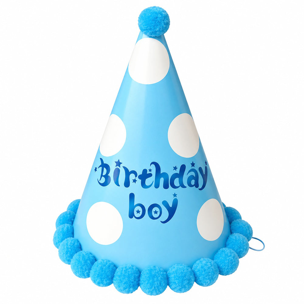 Small pink Birthday Girl and blue Birthday Boy cone party caps with colorful polka dots, tissue pom poms and elastic strings.