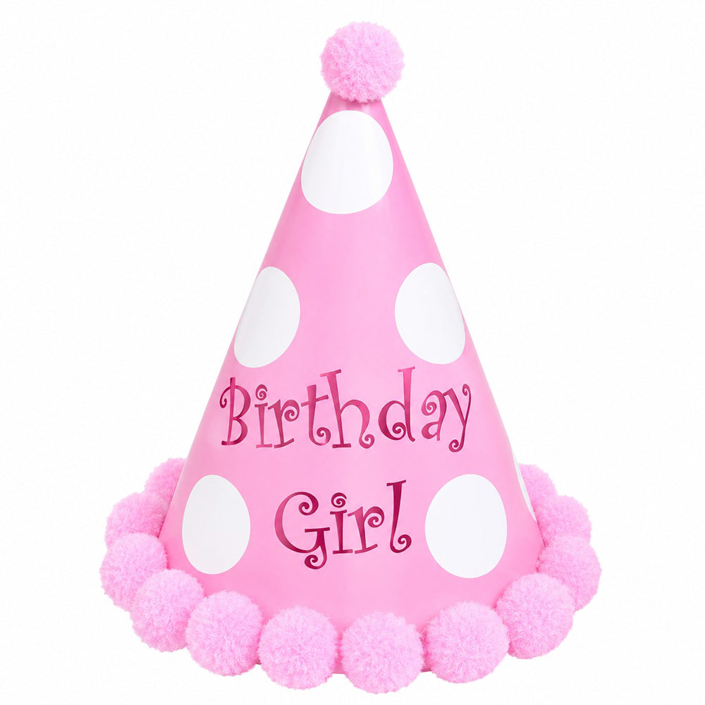 Small pink Birthday Girl and blue Birthday Boy cone party caps with colorful polka dots, tissue pom poms and elastic strings.