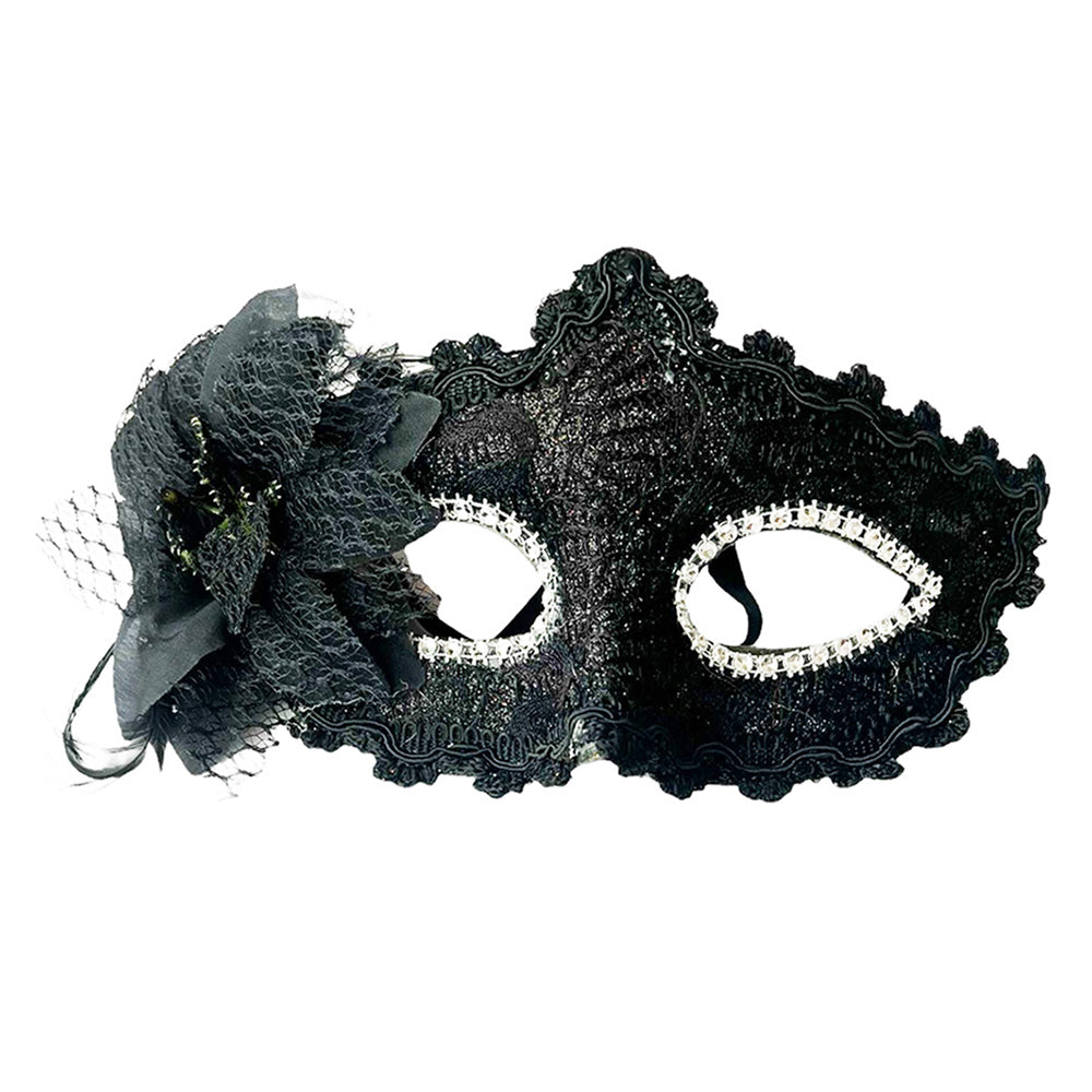 Black floral masquerade party eye mask with rose accents, ornate scrolling details and ribbon ties for costume events.