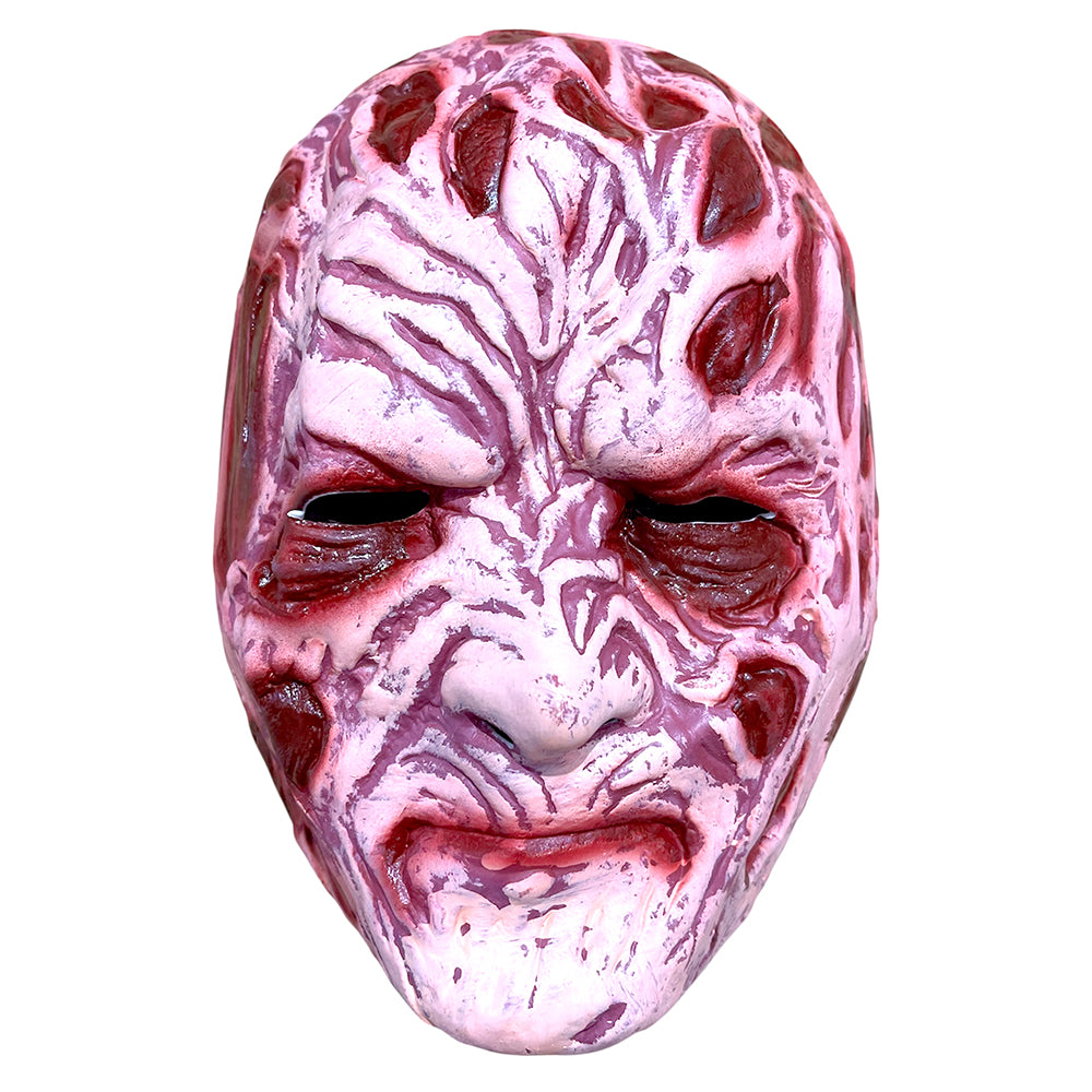 Grey Ghost Face Halloween mask with blue eyes, an elongated black mouth and red blood-splatter details.