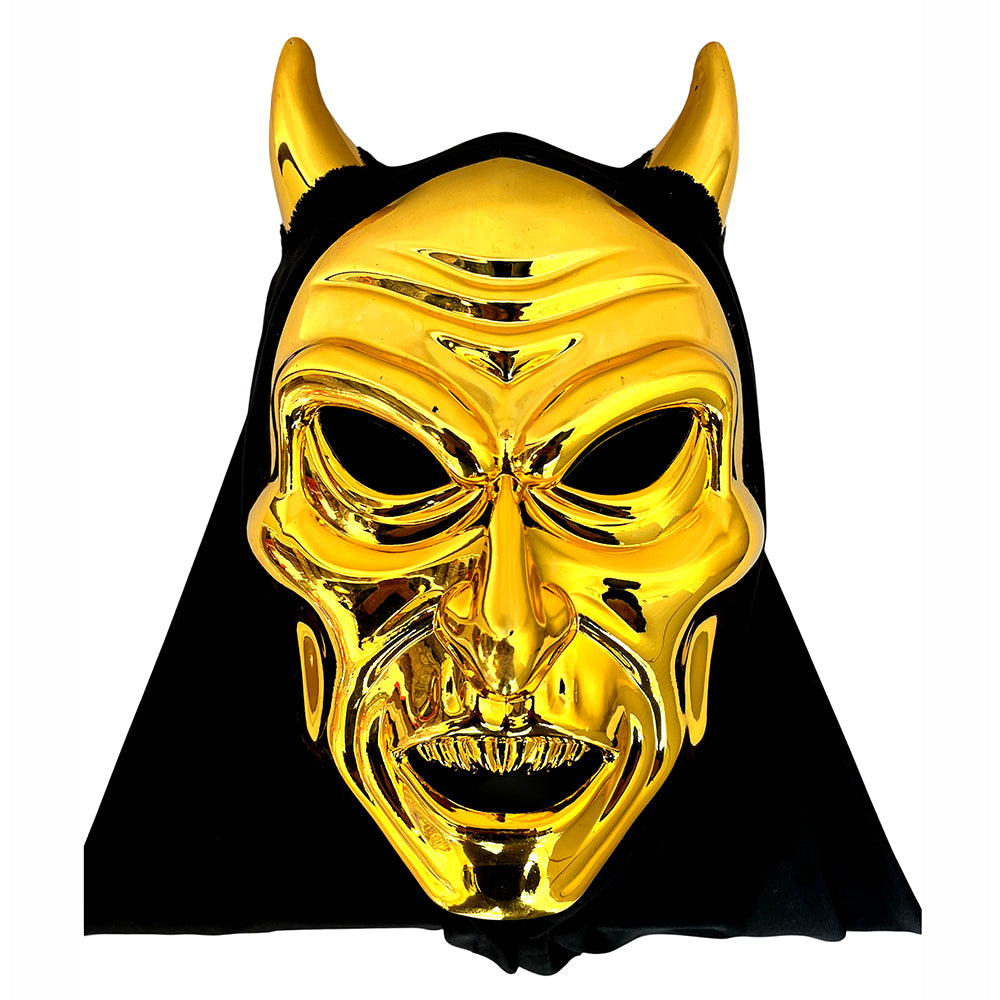  Orange and red devil demon Halloween face mask with pointed ears, sharp teeth, deep wrinkles and textured monster details.
