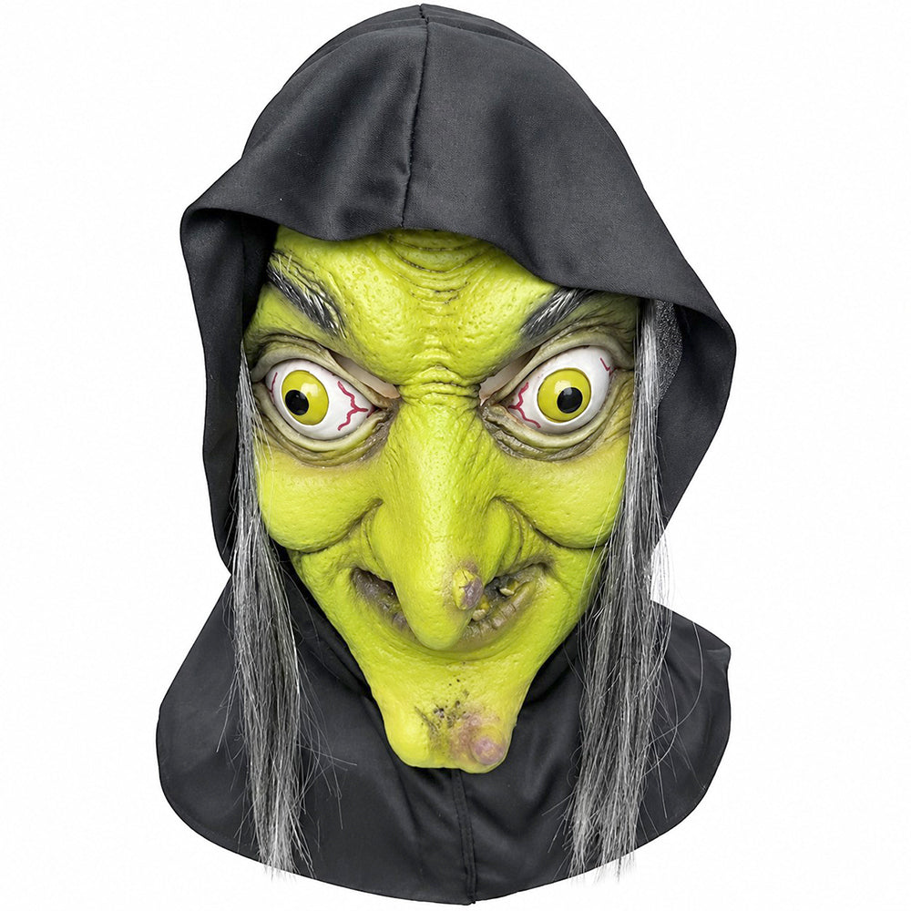 Green-grey horror witch Halloween face mask with a long hooked nose, raised warts, deep wrinkles and a black fabric hood.
