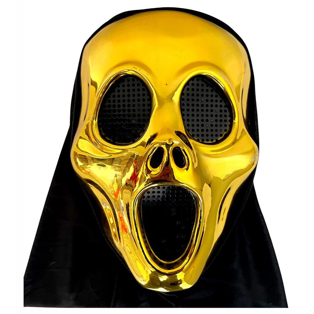  Metallic Scream Ghost Face Halloween mask with elongated black eyes and mouth, shown with an attached black hood.