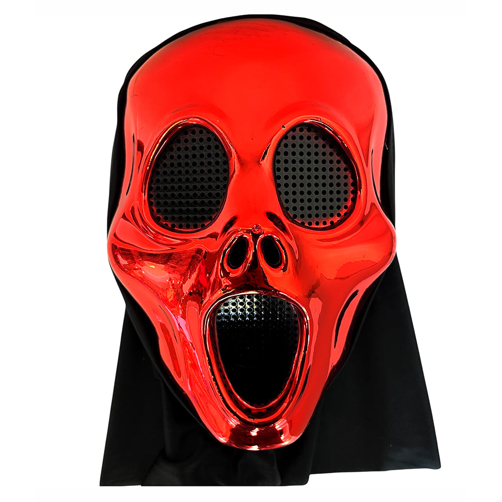  Metallic Scream Ghost Face Halloween mask with elongated black eyes and mouth, shown with an attached black hood.