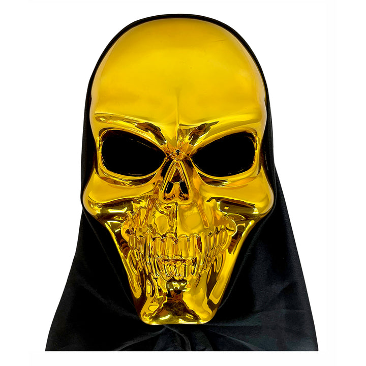 Beige skull skeleton Halloween face mask with deep black eye sockets, sculpted teeth and an attached black fabric hood
