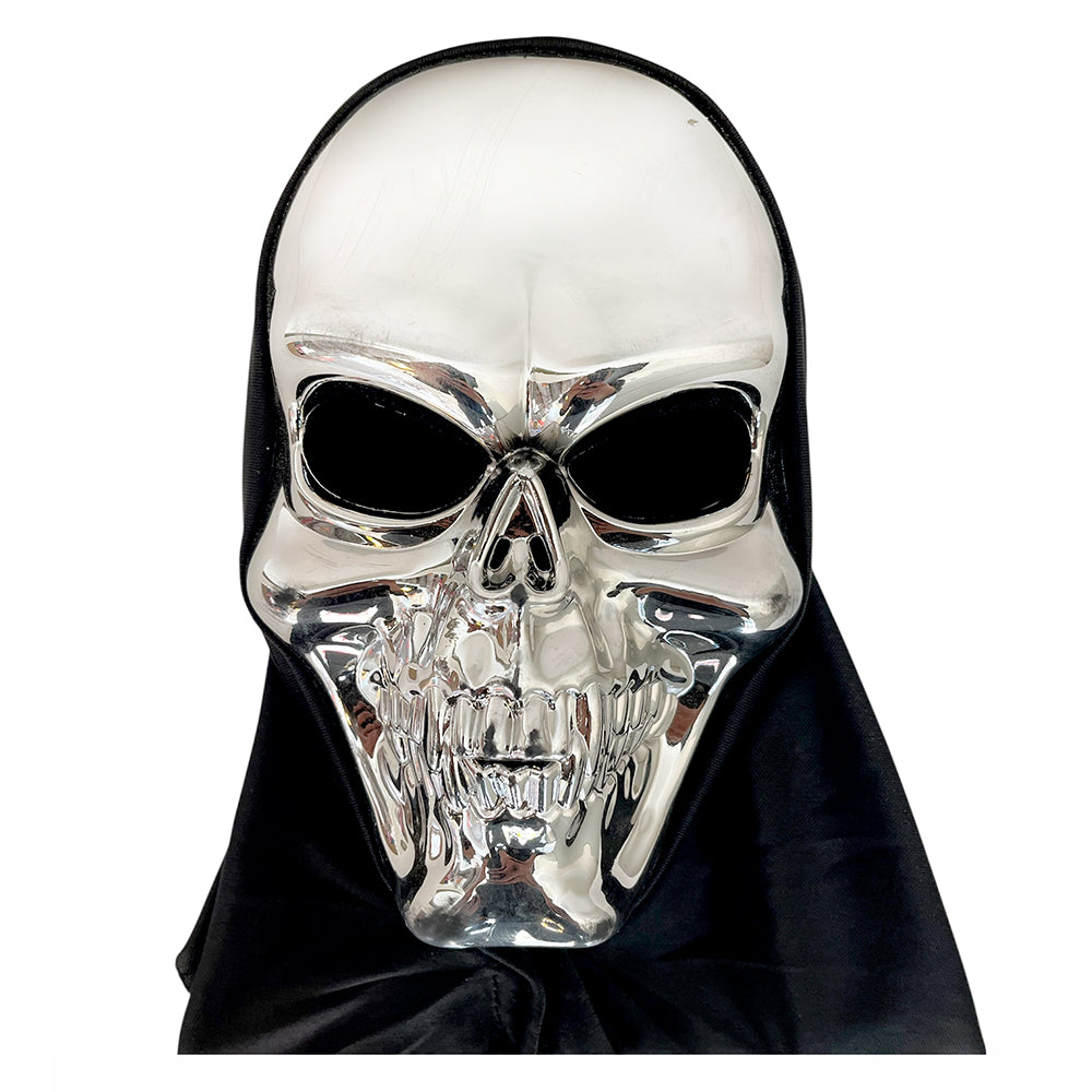 Beige skull skeleton Halloween face mask with deep black eye sockets, sculpted teeth and an attached black fabric hood.
