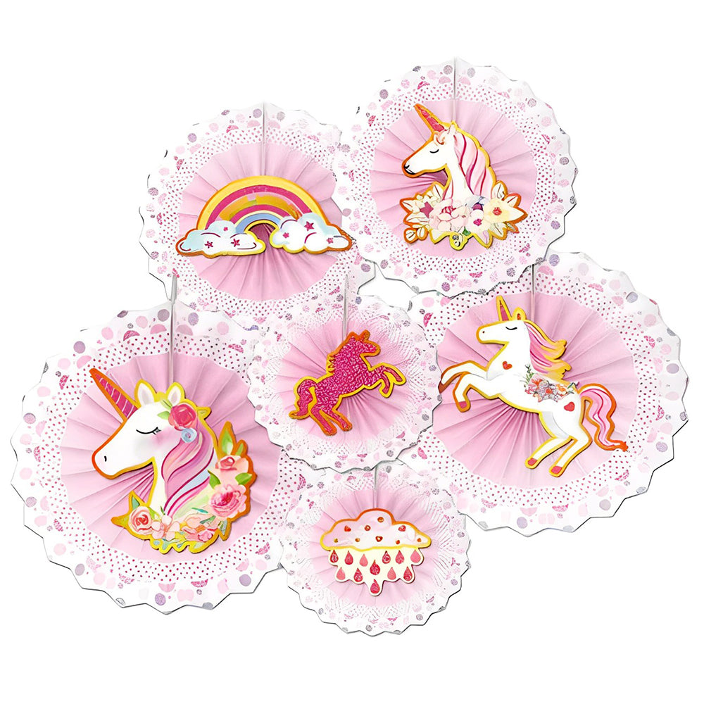 Unicorn Party Hanging Fans Decoration Set (6 Assorted Round Paper Fans) - Party wholesale hub