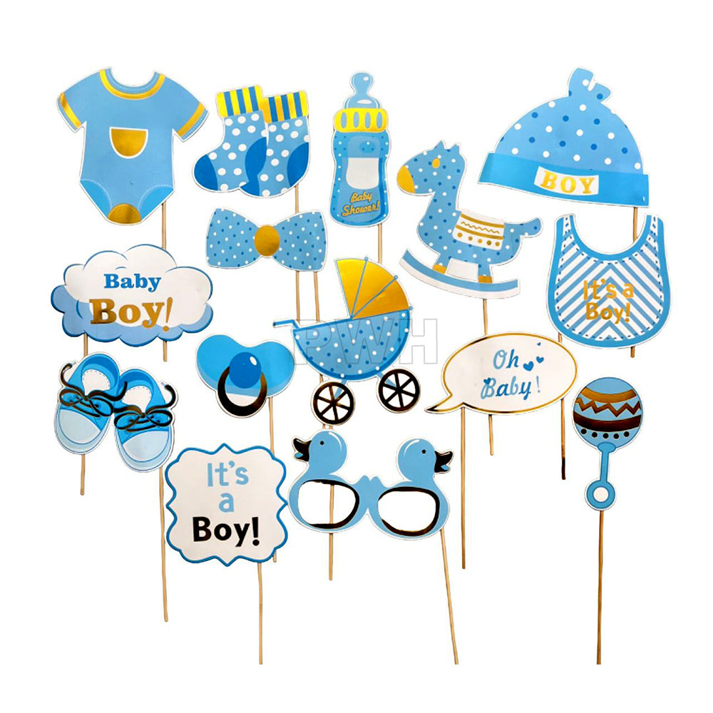Baby Boy Arrival photo booth props set with adorable blue baby-themed designs for baby showers, welcome baby parties, naming ceremonies, first birthdays, and celebration photo booths from Party Wholesale Hub India.