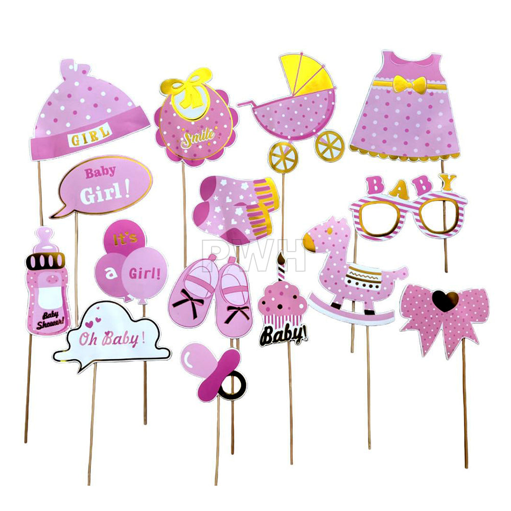 Baby Girl Arrival photo booth props set with adorable pink baby shower designs for welcome baby parties, naming ceremonies, first birthdays, and celebration photo booths from Party Wholesale Hub India.