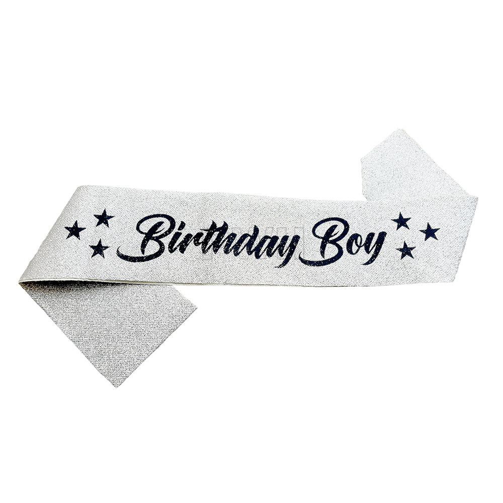 Birthday Boy glitter party sash in assorted colors made from premium satin cloth for kids' and adult birthday celebrations, party accessories, and wholesale party supplies.