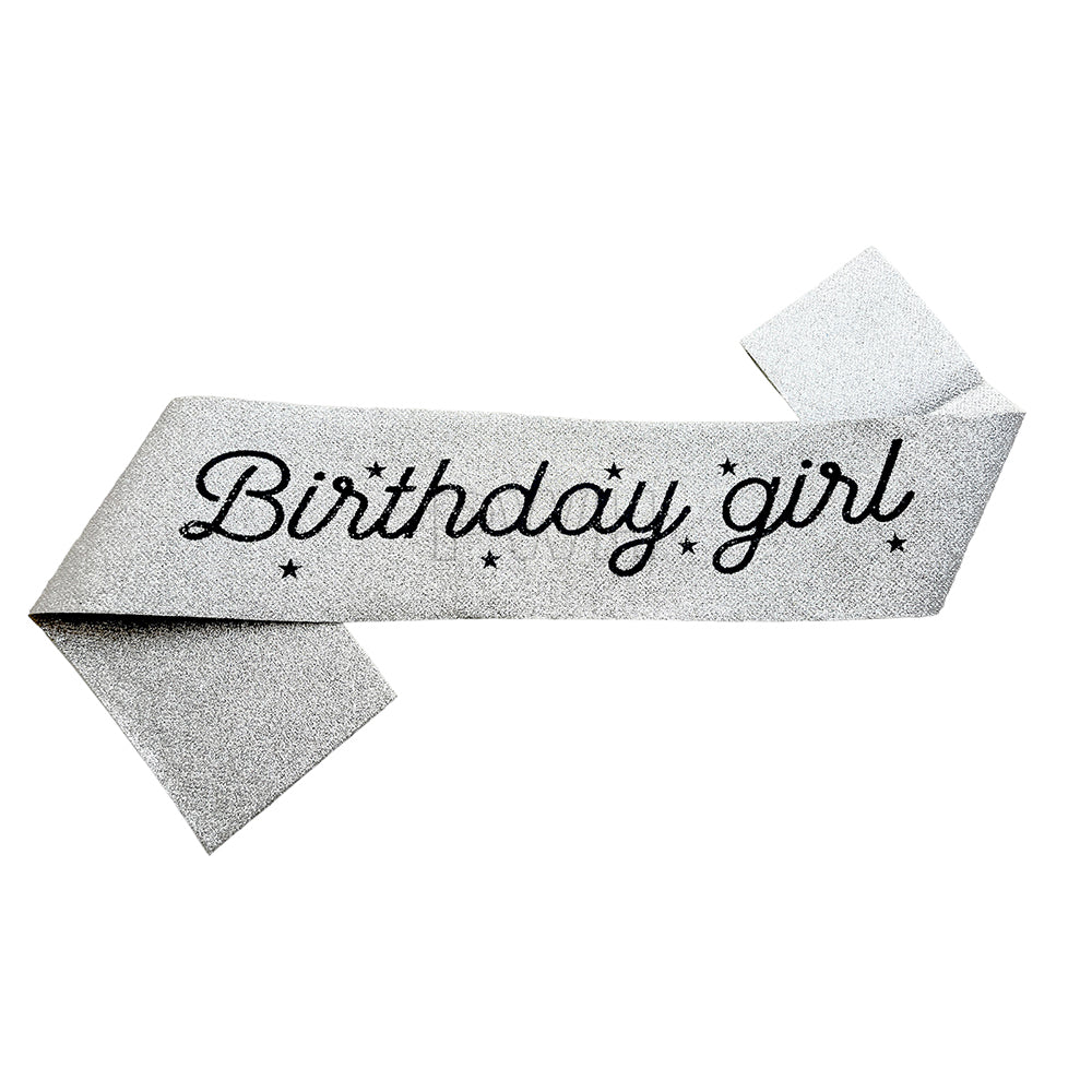 Birthday Girl glitter party sash in assorted colors made from premium satin cloth for birthday celebrations, party accessories, and wholesale party supplies.