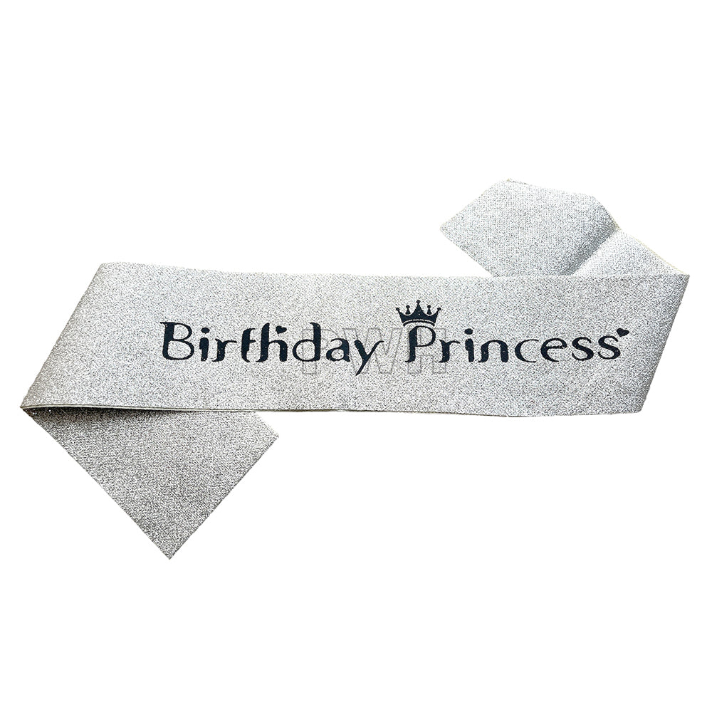 Birthday Princess glitter satin sash in assorted colors for birthday party celebrations and wholesale party supplies.