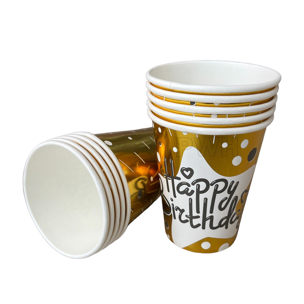 Birthday theme glitter paper cups pack of 10 for hot and cold beverages at birthday celebrations from Party Wholesale Hub India.