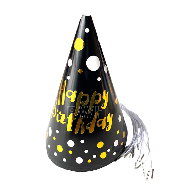 Black glossy polka birthday caps for party celebrations and wholesale party supplies from Party Wholesale Hub India.