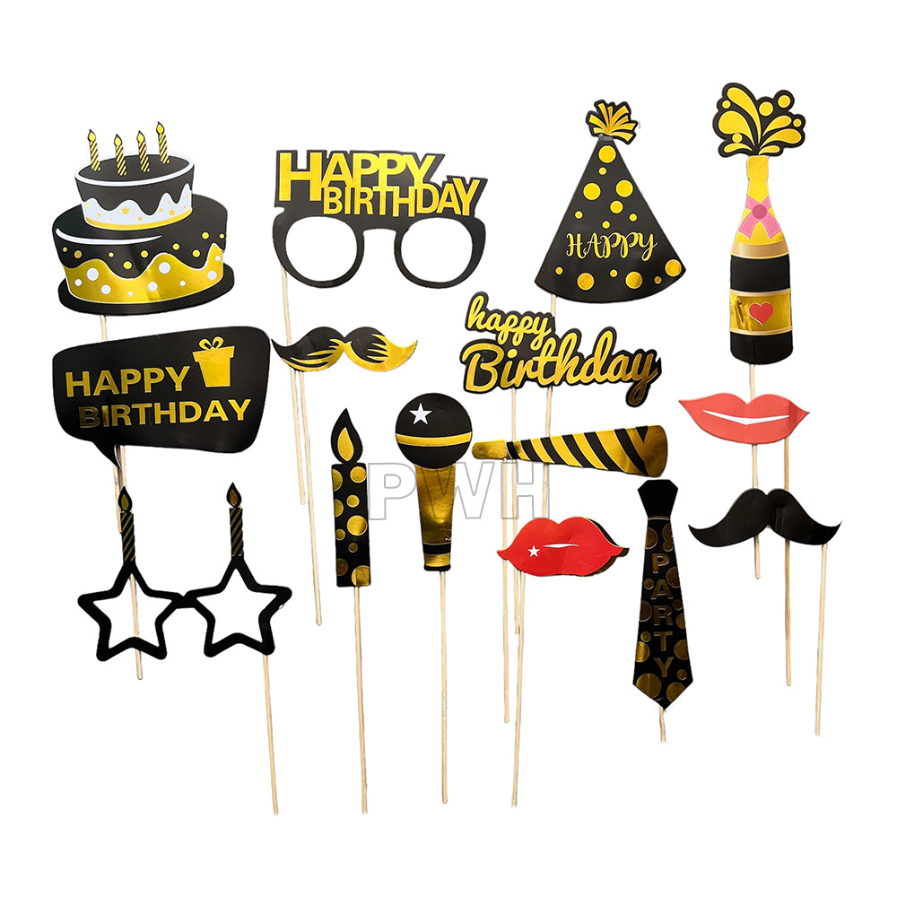 Black & Golden Happy Birthday Photo Booth Props Set 15 Pcs for birthday parties, selfie booths, event decoration and wholesale party supplies.