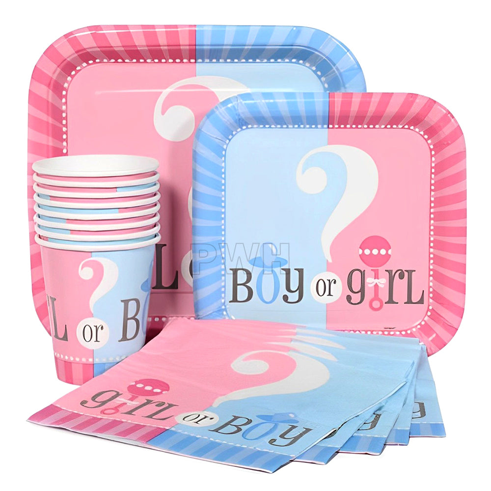 Boy or Girl paper disposables set featuring blue and pink eco-friendly tableware for gender reveal and baby shower party decorations.