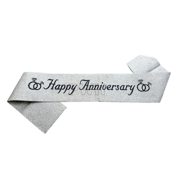 Happy Anniversary glitter satin sash in assorted colors for wedding anniversary celebrations, vow renewal ceremonies, couple photoshoots, and milestone events from Party Wholesale Hub India.