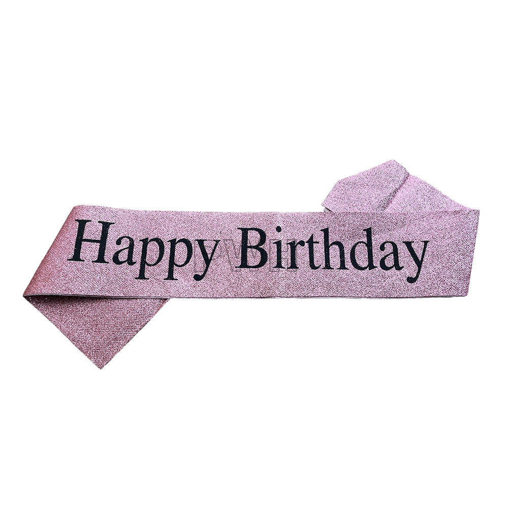 Happy Birthday glitter satin sash in assorted colors for kids' and adult birthday celebrations, cake-cutting ceremonies, milestone birthdays, and party photoshoots from Party Wholesale Hub India.