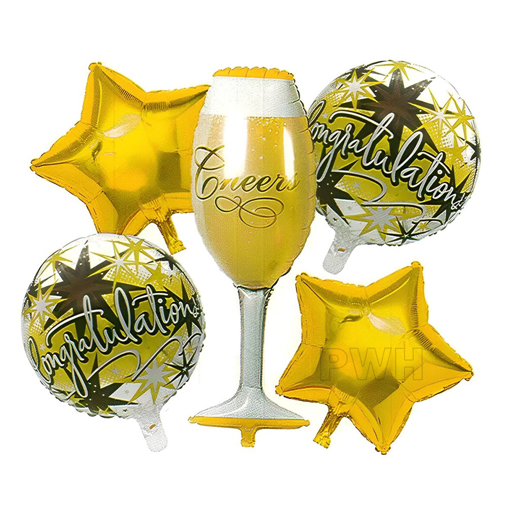 Premium Cheers Wine Glass 5-in-1 Congratulations Mylar Foil Balloon Bouquet Set for Graduation, Anniversary, Promotion, Corporate Celebration and Wholesale Party Supplies