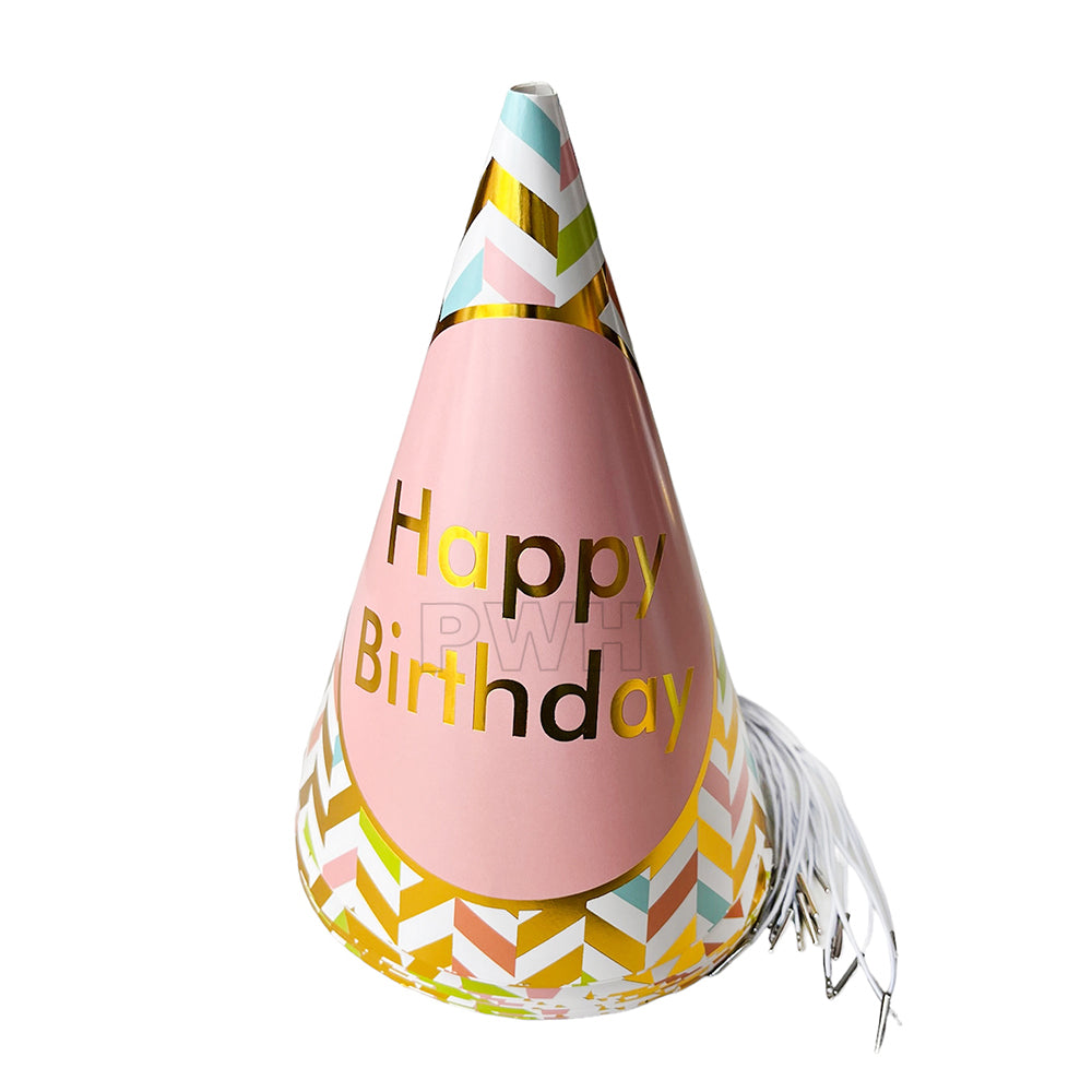 Chevron print Happy Birthday party caps for birthday celebrations and wholesale party supplies from Party Wholesale Hub India.