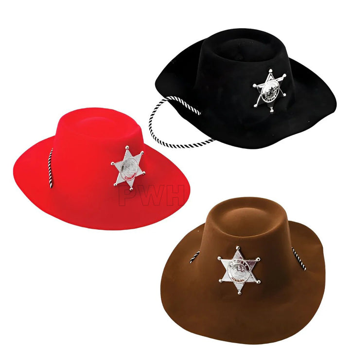 Cow boy hat with badge in assorted colors for western theme parties and costume events from Party Wholesale Hub India