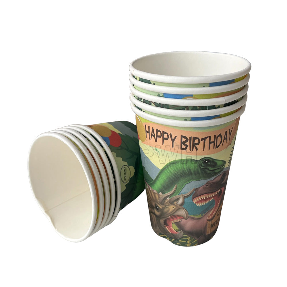 Cute Dino theme paper cups pack of 10 for kids birthday parties, jungle theme celebrations, and dinosaur party tableware from Party Wholesale Hub India.