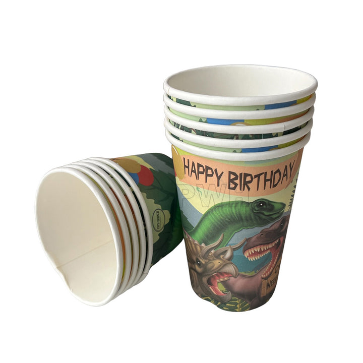Cute Dino theme paper cups pack of 10 for kids birthday parties, jungle theme celebrations, and dinosaur party tableware from Party Wholesale Hub India.