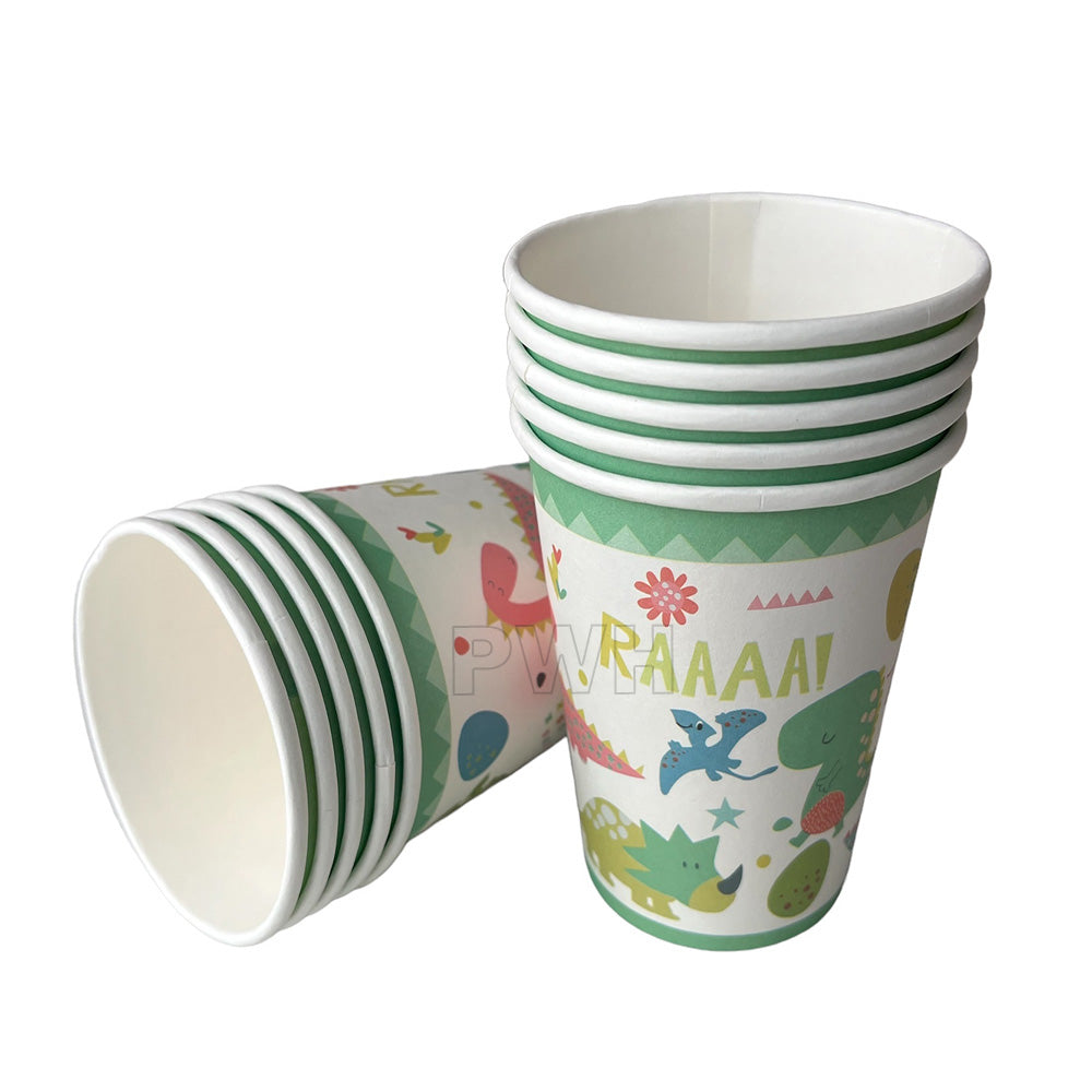 Cute Dino theme paper cups pack of 10 for kids birthday parties, jungle theme celebrations, and dinosaur party tableware from Party Wholesale Hub India.