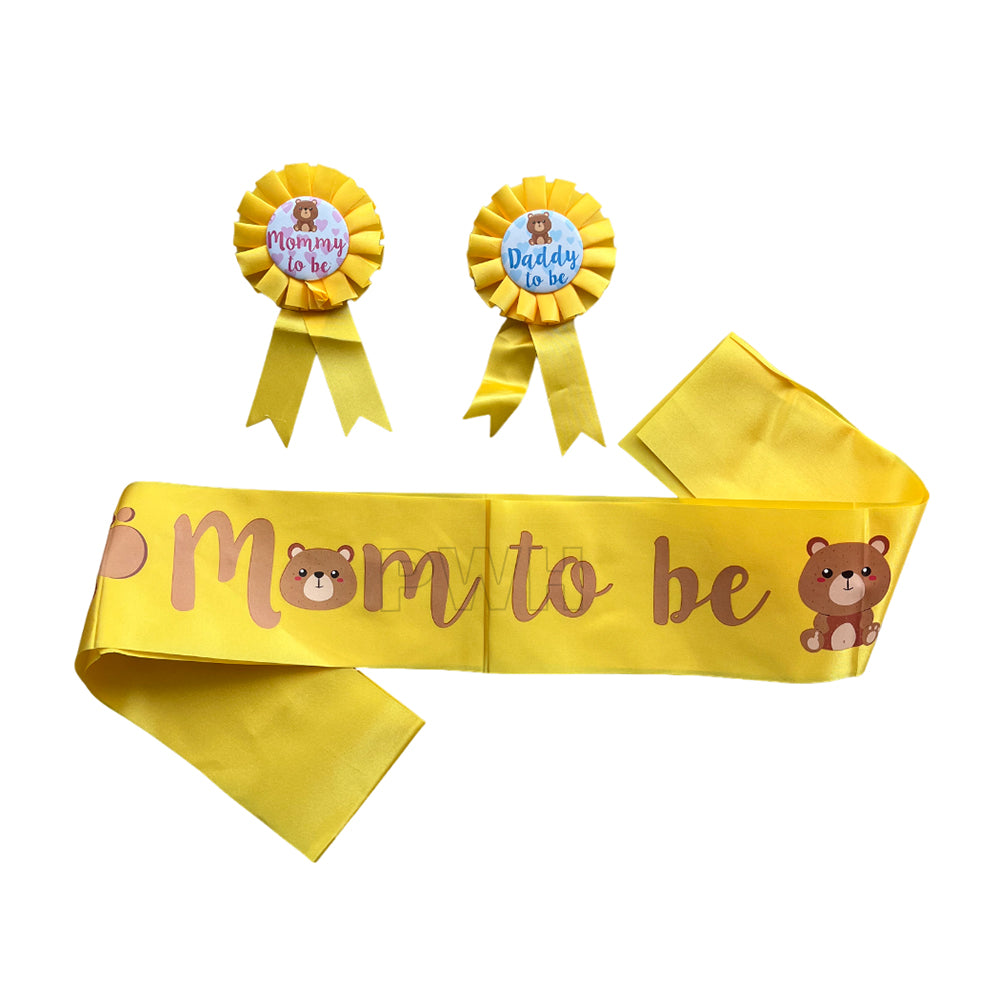 Deluxe Mom to Be satin sash with matching badges for baby showers, gender reveal parties, maternity photoshoots, and pregnancy celebrations from Party Wholesale Hub India.