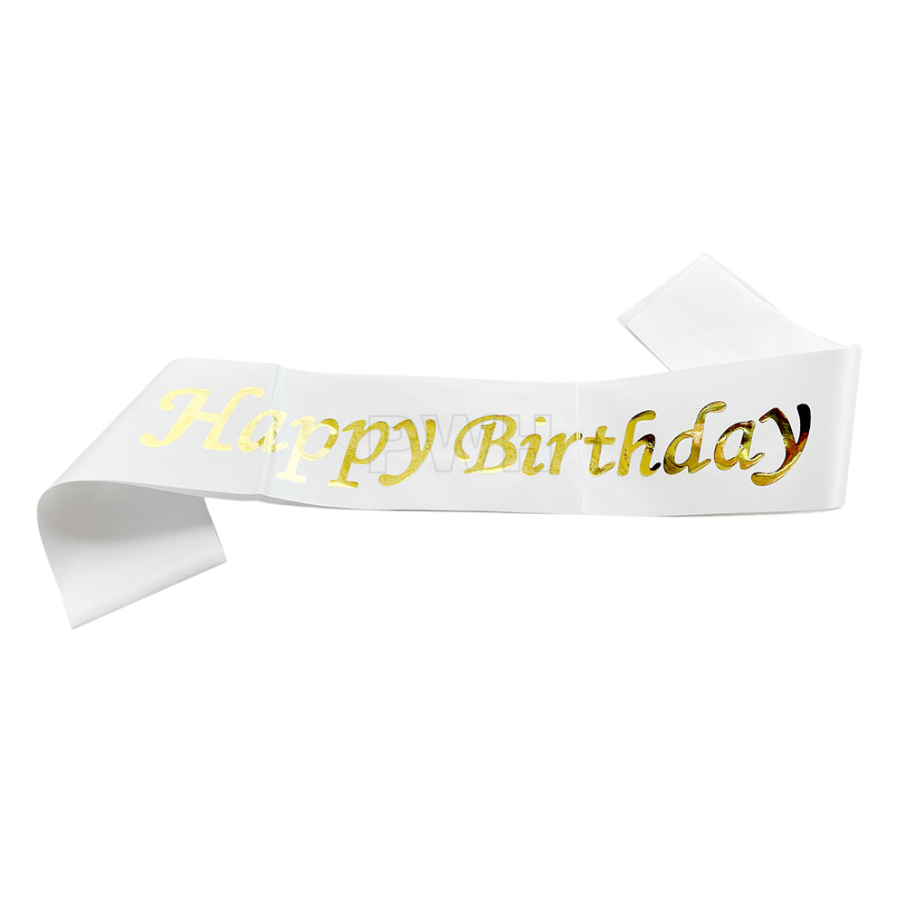 Elegant Happy Birthday white satin party sash for kids' and adult birthday celebrations, cake-cutting ceremonies, milestone birthdays, and birthday photoshoots from Party Wholesale Hub India.