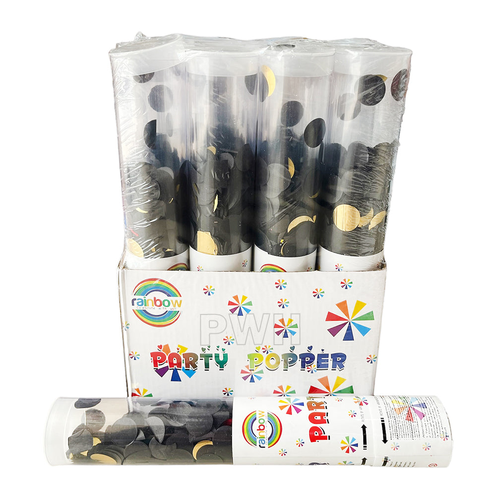 Elite Luxe black and gold rainbow confetti party popper cannon for weddings, birthdays, anniversaries, corporate events, and grand celebration decorations.