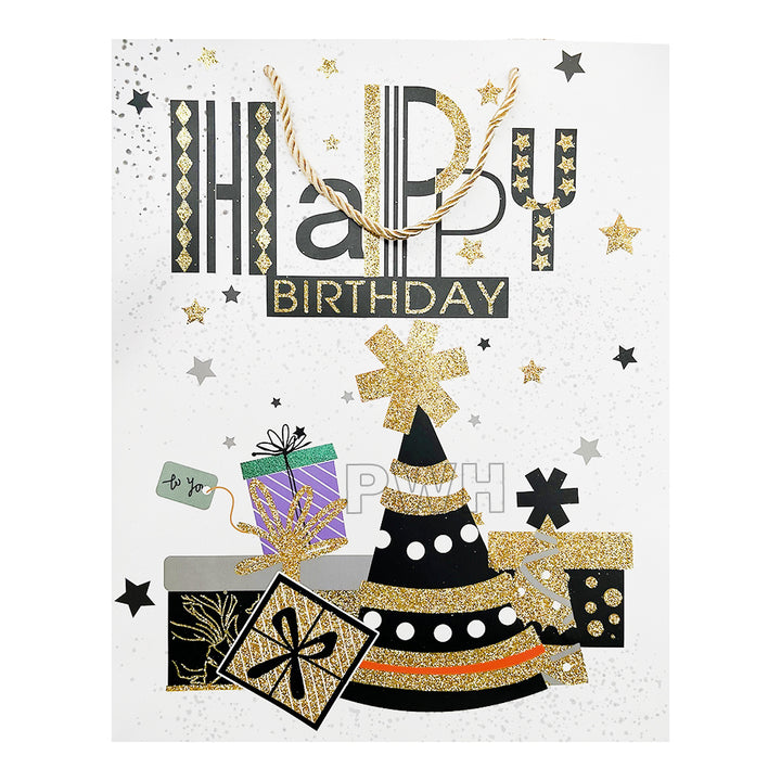 Elite Luxe Glitter Happy Birthday premium paper gift bag for birthday gift packaging, return gifts, party favors, celebration hampers, and luxury gifting.